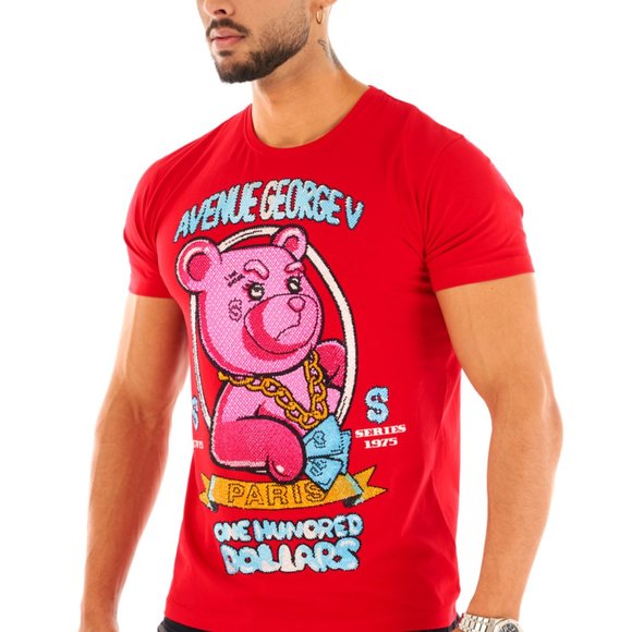 Avenue George V Paris Men's Red T-Shirt Teddy Bear Fitted Tee  Rhinestone  XL - Picture 2 of 5